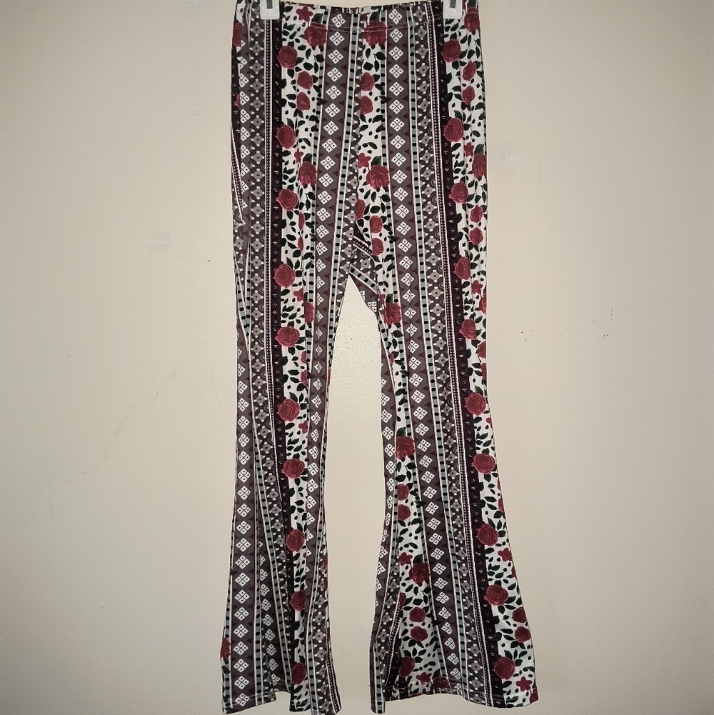SHEIN Black and White Patterned Flare Pants with Red Accents